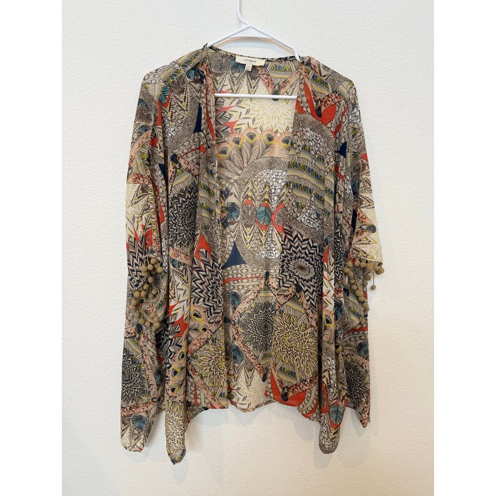 Umgee Boho Feather Print‎ Kimono Pompom Trim Small/Medium